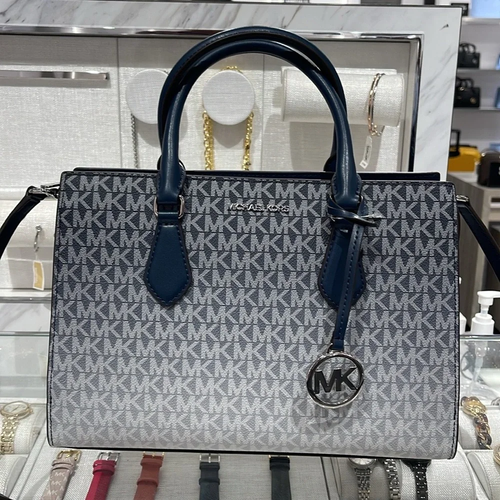 MICHAEL KORS Sheila Medium Ombré Signature Logo CZ Satchel Crossbody Navy NWT
